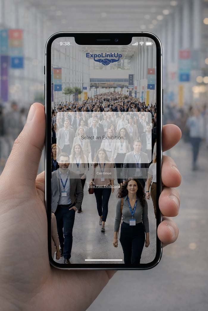 Hand holding phone showing the ExpoLinkUp app